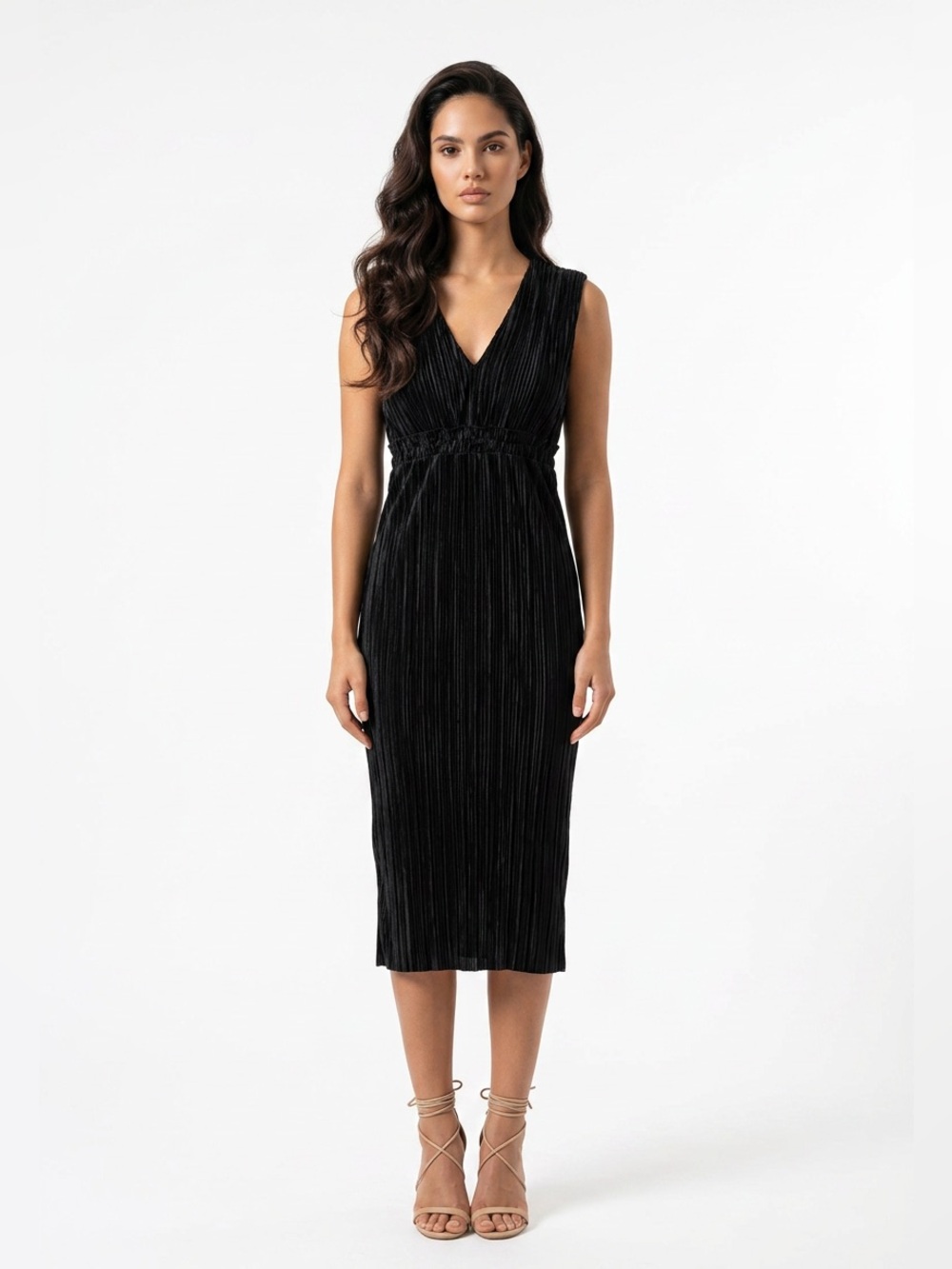ROMEO + JULIET WOMEN'S SLEEVELESS PLEATED MIDI DRESS CINCH WAIST V-NECK BLACK